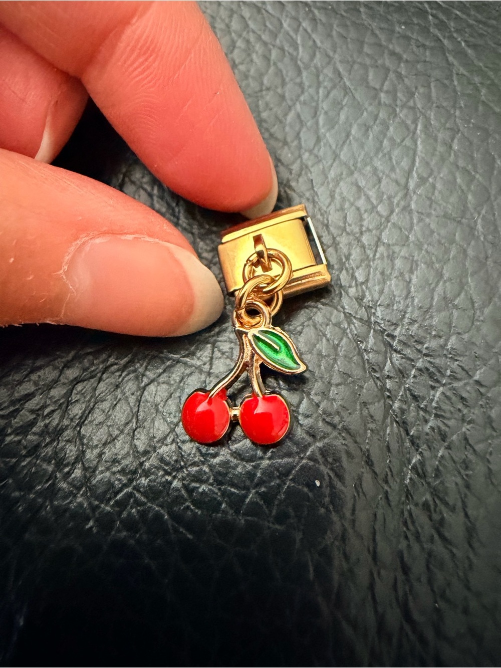 Cherry Dangle Italian Charm Bracelet Link Gold Tone Enamel Fruit Charm